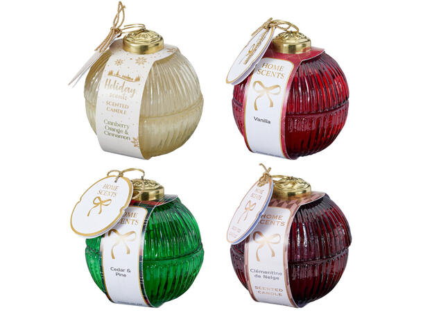 Duftlys glasskule 8x8,5cm Rød Grønn 2ass Seder/furu Vanilje Brenntid 9-11t 