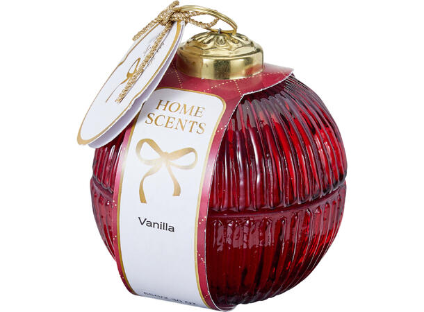 Duftlys glasskule 8x8,5cm Rød Grønn 2ass Seder/furu Vanilje Brenntid 9-11t 