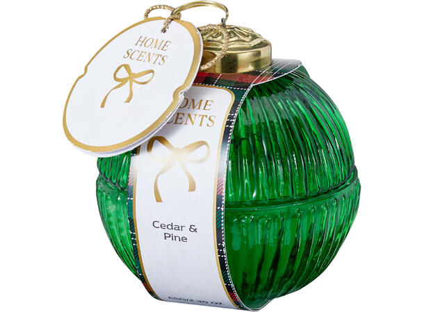 Duftlys glasskule 8x8,5cm Rød Grønn 2ass Seder/furu Vanilje Brenntid 9-11t 