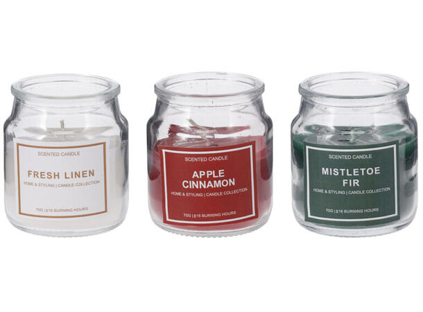 Duftlys i glasskrukke 5,5x6cm 3ass Display 12stk Rød Grønn Hvit 