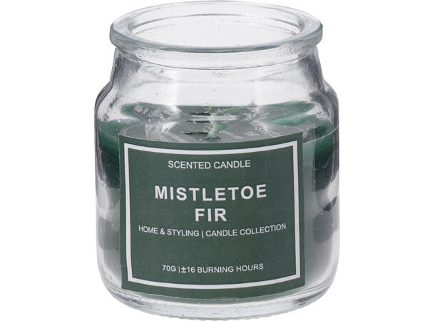 Duftlys i glasskrukke 5,5x6cm 3ass Display 12stk Rød Grønn Hvit 