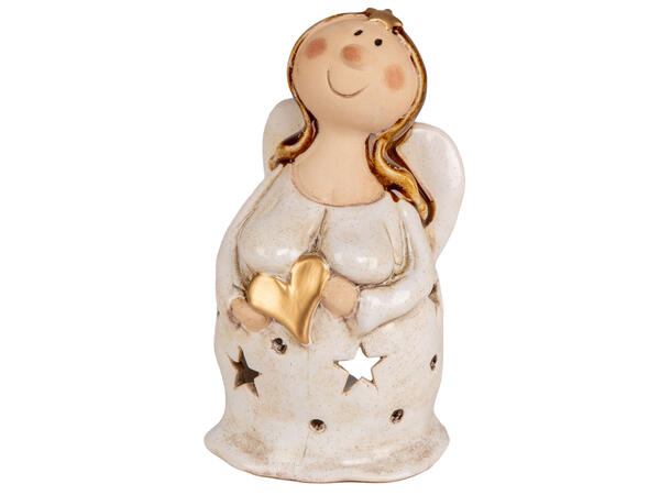 Engel krem m/gullhjerte til telys h:16cm 