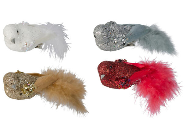 Fugl på klype m/glitter 12cm 2stk Forpk 24stk Champagne sølv hvit rød 
