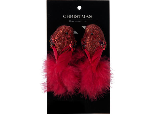 Fugl på klype m/glitter 12cm 2stk Forpk 24stk Champagne sølv hvit rød 