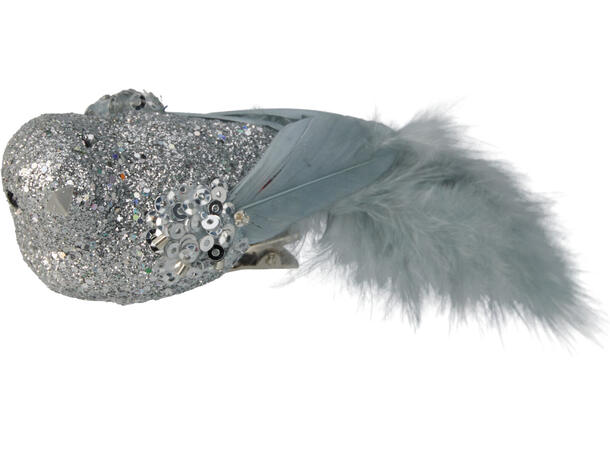 Fugl på klype m/glitter 12cm 2stk Forpk 24stk Champagne sølv hvit rød 