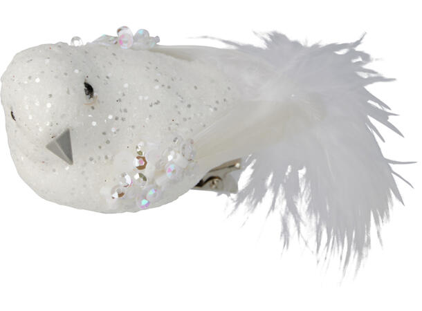 Fugl på klype m/glitter 12cm 2stk Forpk 24stk Champagne sølv hvit rød 