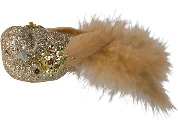 Fugl på klype m/glitter 12cm 2stk Forpk 24stk Champagne sølv hvit rød 