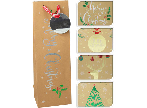 Gavepose flaske kraft jul 36x12x9cm 4ass 