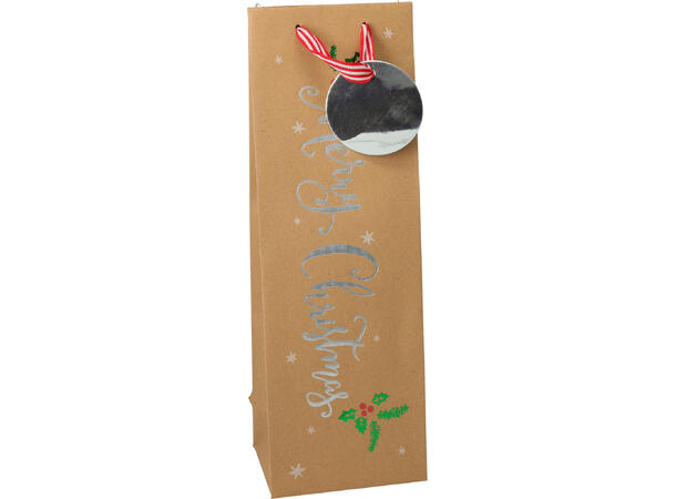 Gavepose flaske kraft jul 36x12x9cm 4ass 