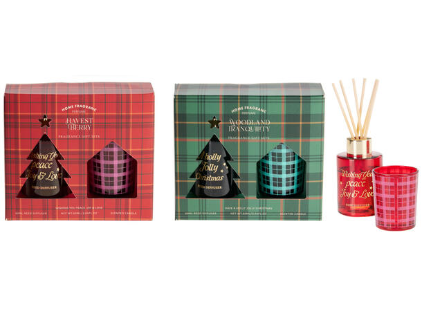 Gavesett duftolje og lysglass rutet 2ass Rød Grønn 