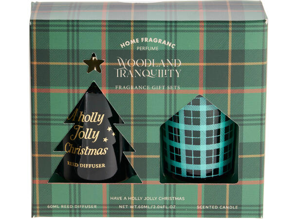 Gavesett duftolje og lysglass rutet 2ass Rød Grønn 