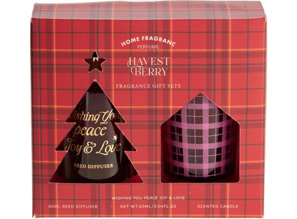 Gavesett duftolje og lysglass rutet 2ass Rød Grønn 