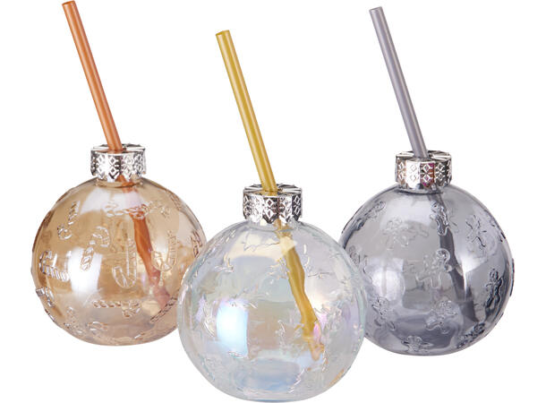 Glass julekule 330ml 9,7x9,7x10,5cm 3ass Vekt: 210g Med sugerør 