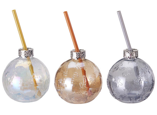 Glass julekule 330ml 9,7x9,7x10,5cm 3ass Vekt: 210g Med sugerør 