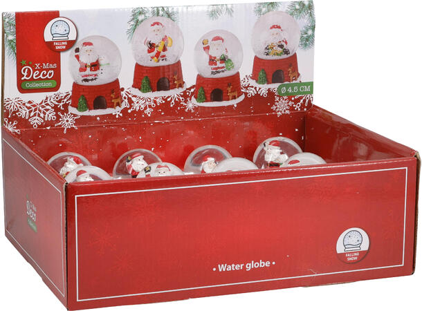 Glasskule m/snø nisse h:8cm 4ass Display 12 stk assortert 