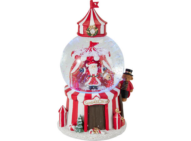 Glasskule m/snø sirkus LED Musikk h:21cm 8 sanger 