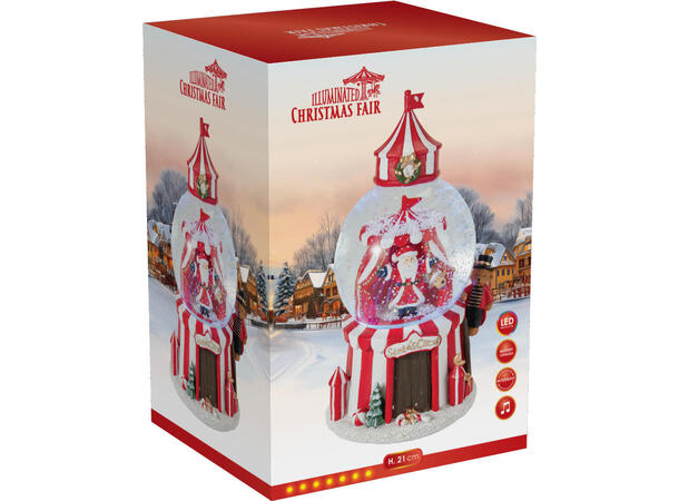 Glasskule m/snø sirkus LED Musikk h:21cm 8 sanger 