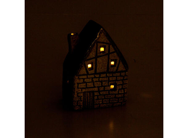 Hus keramikk beige/lys brun LED 9x11cm Batteri 2xLR44 