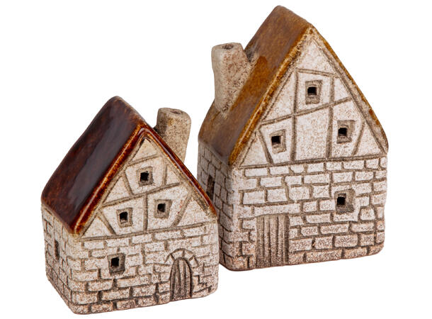 Hus keramikk beige/lys brun LED 9x11cm Batteri 2xLR44 