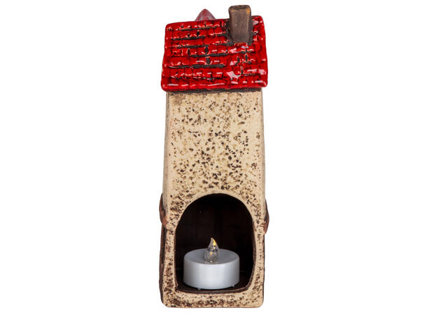 Hus keramikk beige/rød til telys 7x18cm 