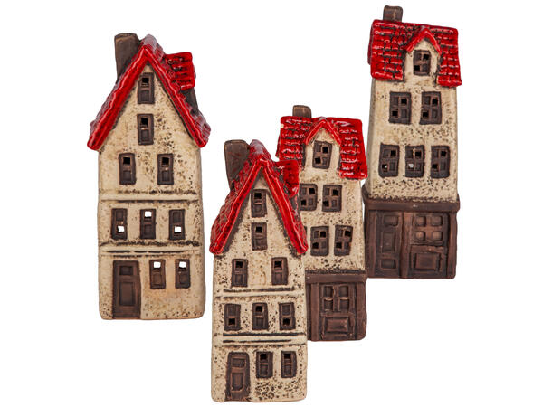 Hus keramikk beige/rød til telys 7x18cm 