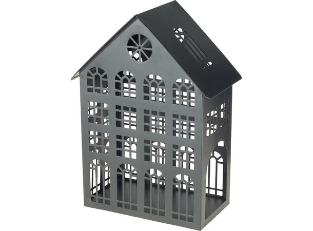 Hus sort metall til telys 19,5x32cm 
