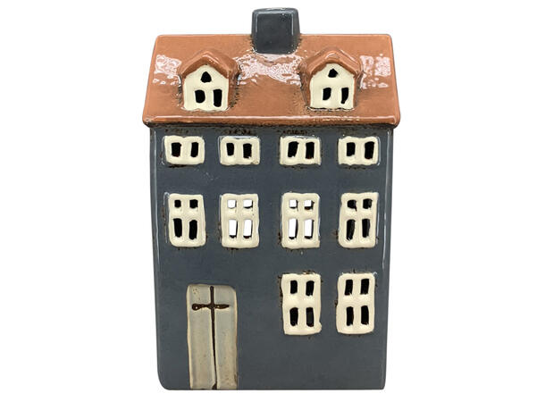 Hus tli telys gråblå keramikk 12x8x18cm Forpk: 4stk 