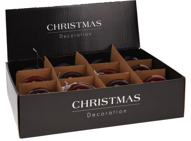 Julekule glass rød/burgunder 8cm Display med 12stk assortert 