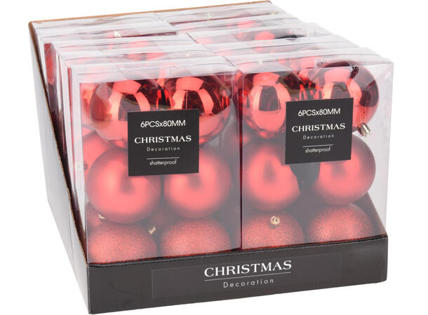 Julekule rød shiny/matt/glitt 8cm 6stk Display 10pk  PP 