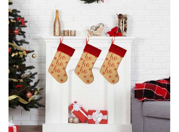 Julestrømpe jute m/rød Ho Ho Ho 46cm Polyester 