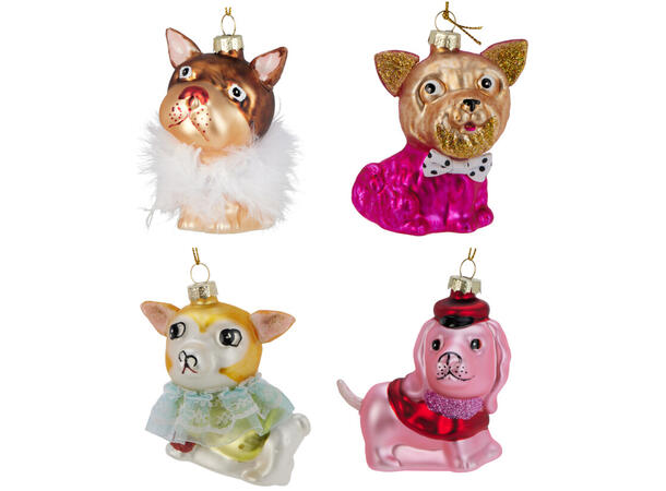 Juletrepynt hund m/pels glass 7x9cm 4ass 12 assortert i displayboks 