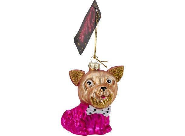 Juletrepynt hund m/pels glass 7x9cm 4ass 12 assortert i displayboks 