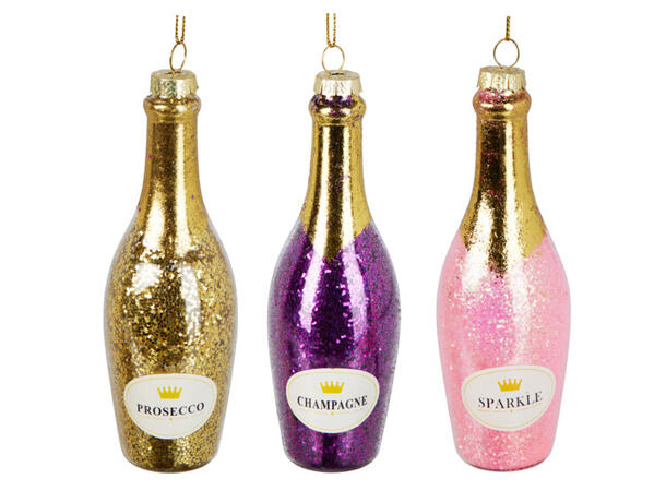 Juletrepynt vinflaske glass 14cm 3ass 12 assortert i eske 