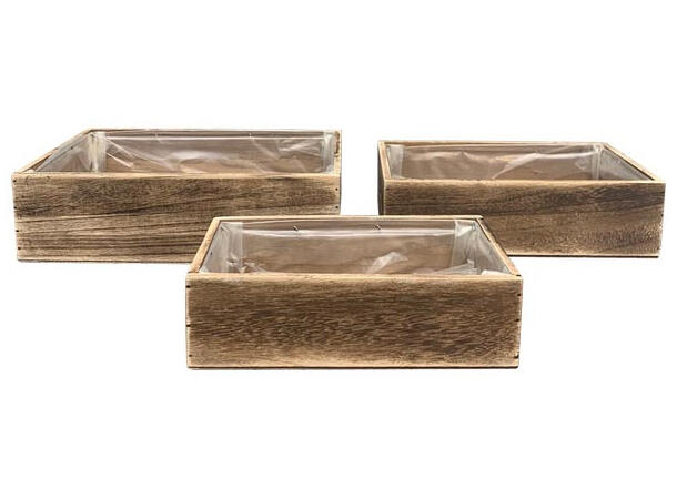 Kasse naturbrun tre m/plast s/3 24x14x7cm 28x18x8cm 32x22x9cm 