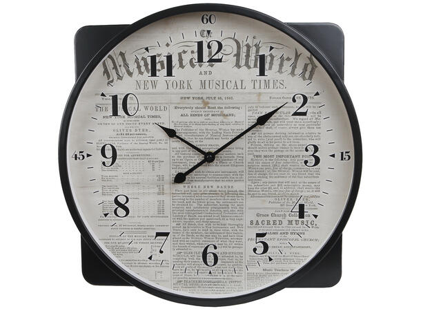 Klokke vegg News sort metall 40x40x6cm 