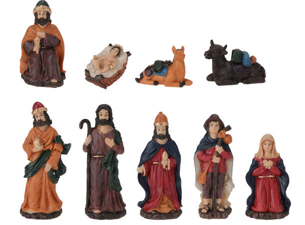 Krybbesett assorterte farger 6-16cm 9del Maria:12cm Josef:16cm Barn:6x4cm 