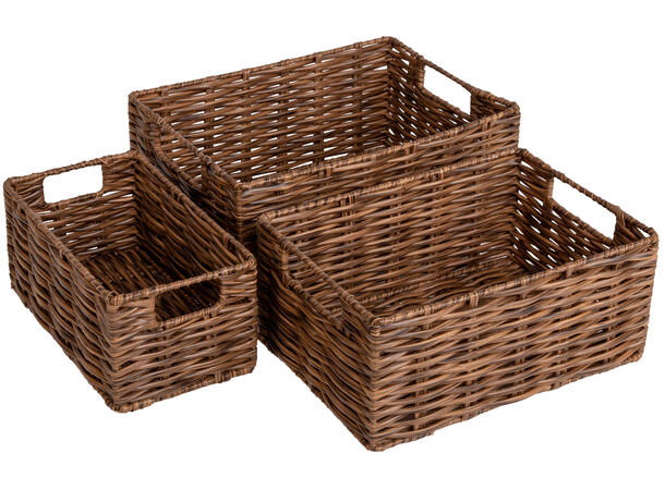 Kurv brun flettet PE 26x19x11cm s/3 26x19x11cm 23x16x10cm 20x11x9cm 