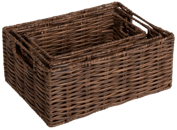 Kurv brun flettet PE 26x19x11cm s/3 26x19x11cm 23x16x10cm 20x11x9cm 
