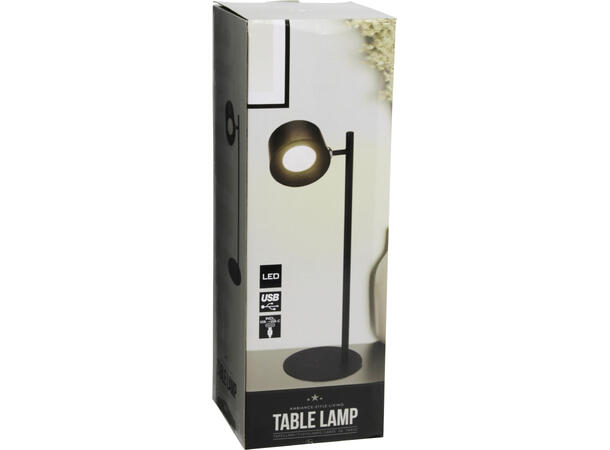 Lampe LED sort metall 35,5cm Oppladbar. USB-C. 3 lysnivå 
