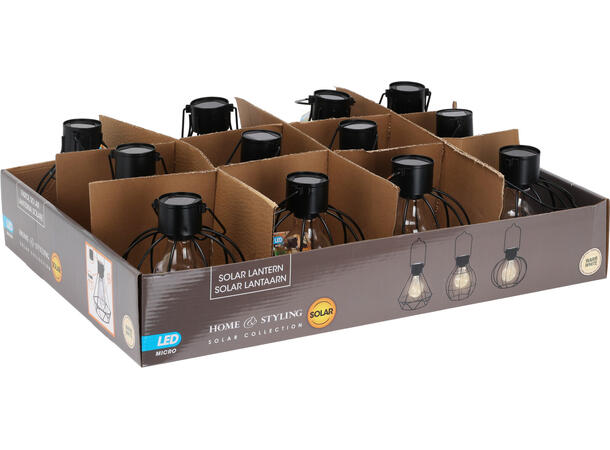 Lykt Solar sort metall h:15-16cm 3ass Display 12stk Inkl. oppladbart batteri 