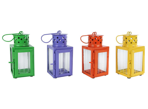 Lykt metall 7x13cm 4ass Forpk 12stk Grønn lilla oransj gul 