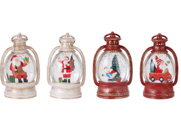 Lykt nisse vann/glitter/LED 8x13cm 4ass Batteri: 2x AAA Display med 12 stk ass 