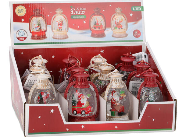 Lykt nisse vann/glitter/LED 8x13cm 4ass Batteri: 2x AAA Display med 12 stk ass 