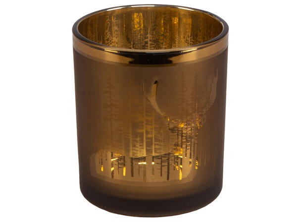 Lysglass brun/gull skogsdyr 7x8cm Lysglass til telys 