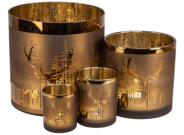 Lysglass brun/gull skogsdyr 7x8cm Lysglass til telys 