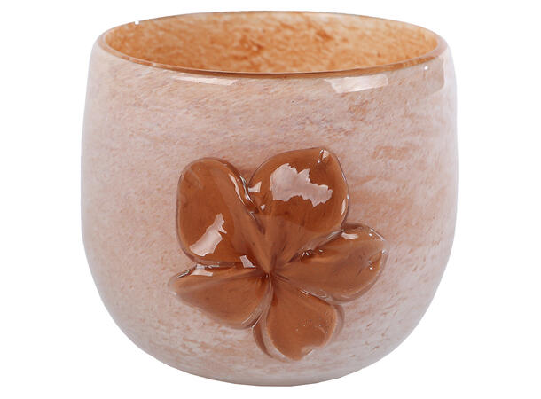 Lysglass terracotta/hvit m/blomst 10cm Munnblåst, Forpakning 8stk 
