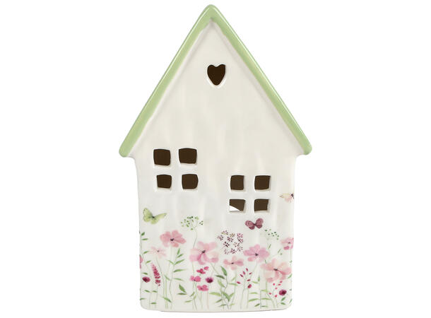 Lyshus telys hvit m/grønt tak 13x10x22cm Keramikk 