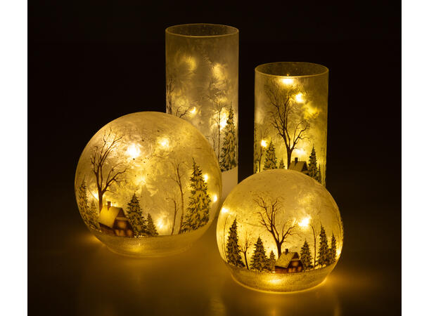 Lyslykt LED hytte i vinterland kule 12cm 3xAA Batteri, Timer, 10 LEDpærer 