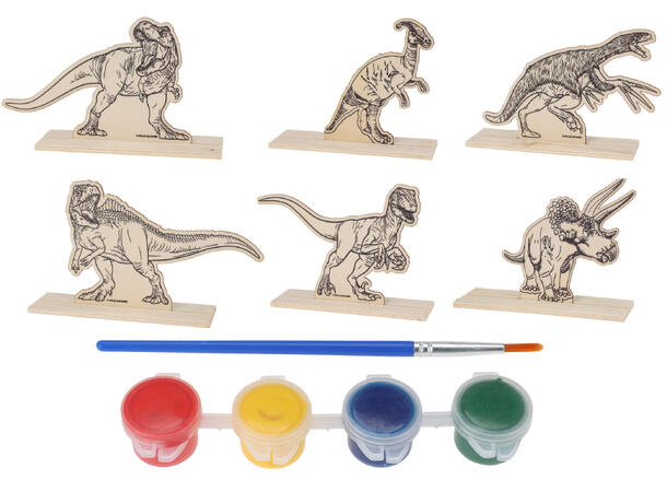 Malesett trefigur dinosaur 17x11cm 3ass Tre. Akrylmaling 