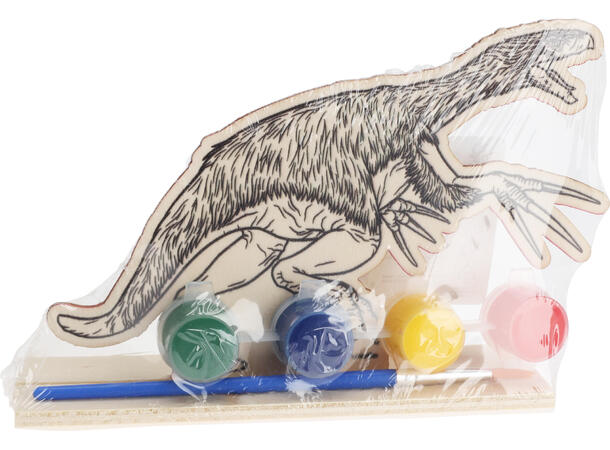 Malesett trefigur dinosaur 17x11cm 3ass Tre. Akrylmaling 